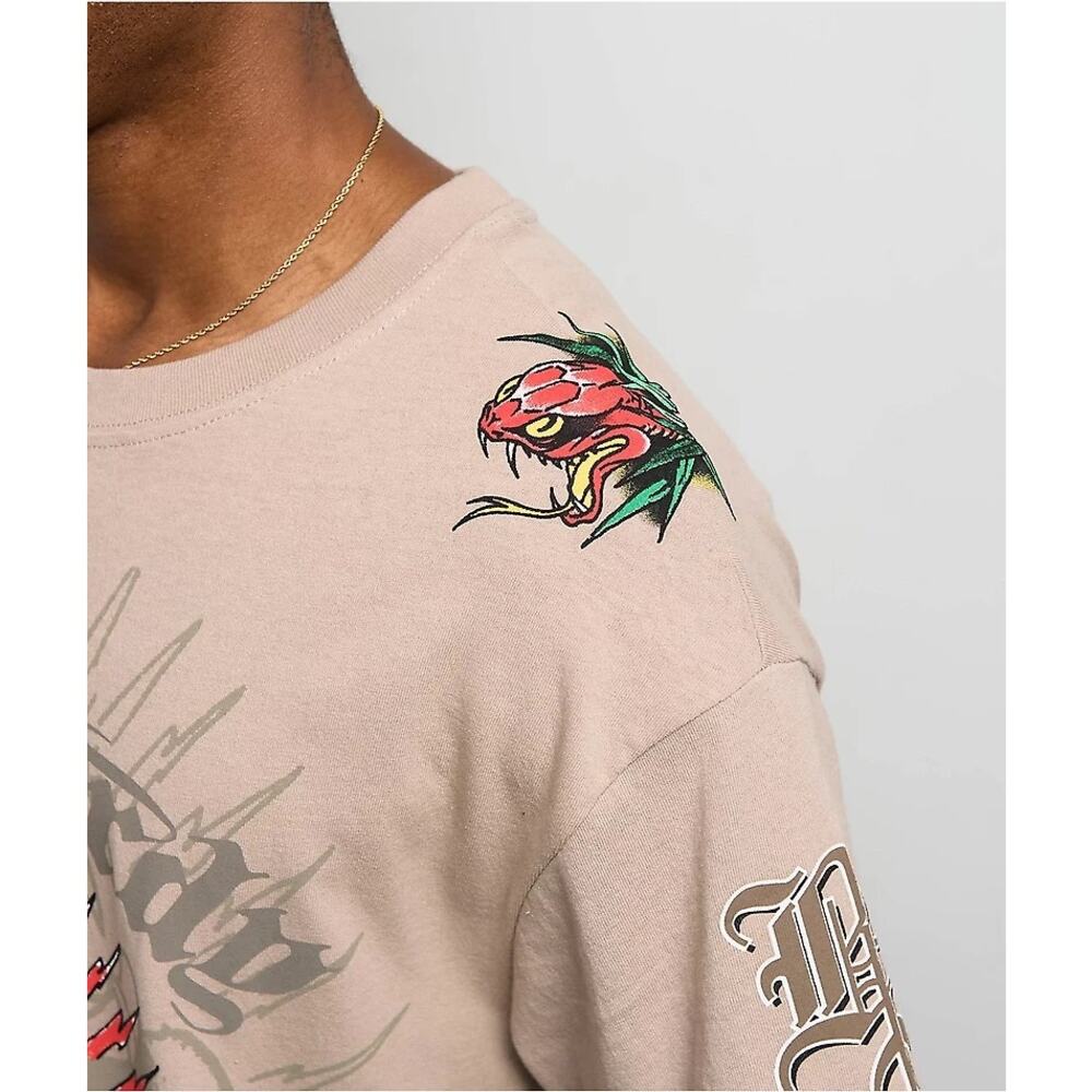 Ed Hardy x Broken Promises Love Scars Beige T-Shirt Size XL Cyber Y2K Tattoocore - Picture 4 of 13